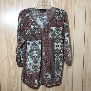 Naif Red Paisley Zipper V Neck 3/4 Sleeve Top XL